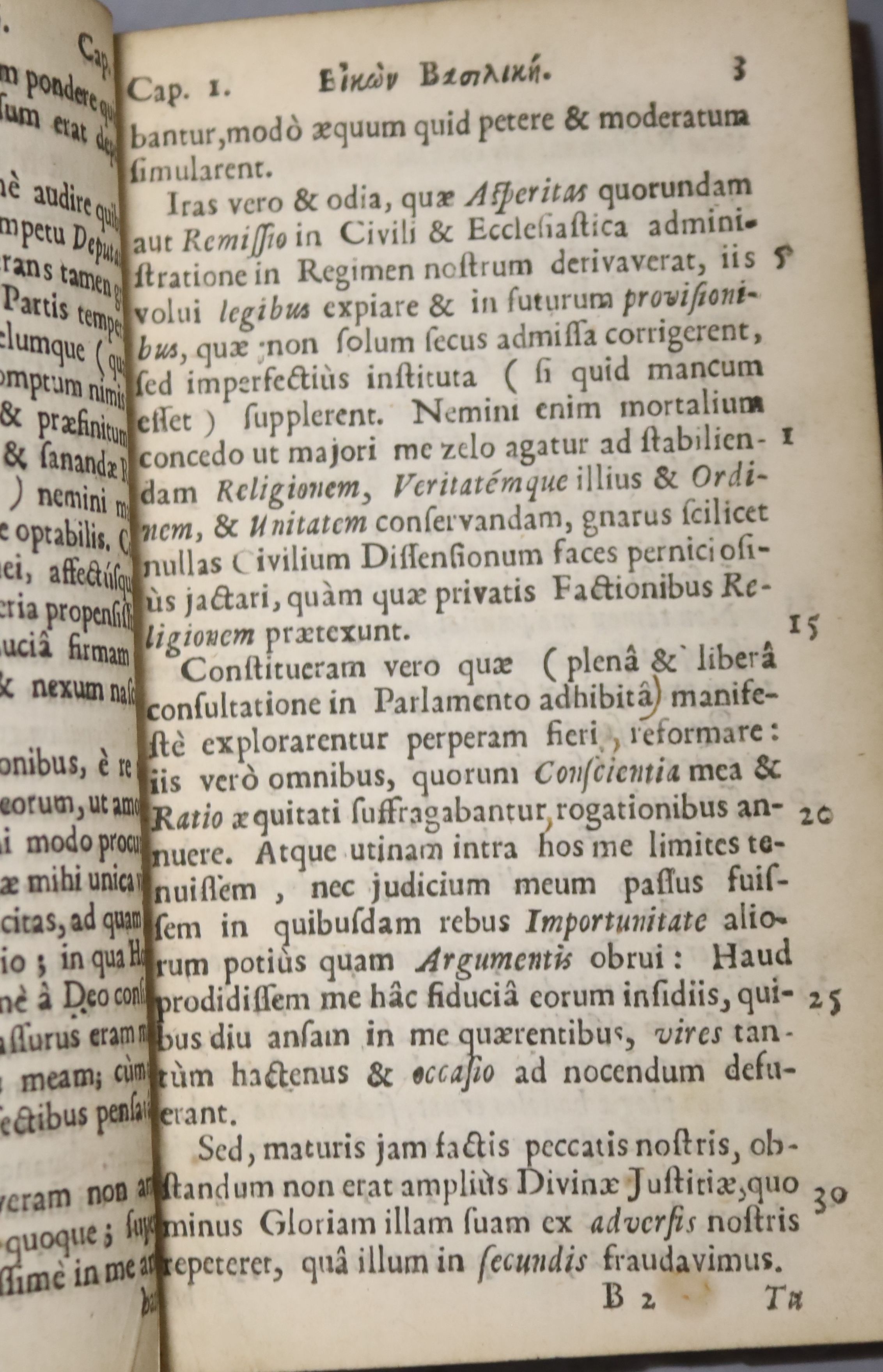 Eikon Basilike – Vel Imago Regis Caroli, in illis suis Aerimnis et Solitudine …, gilt crested old calf, later rebacked, 12mo, Hagae Comitis: Typis S.B. impensis J. Williams & F. Eglesfield …, 1649